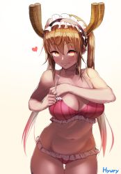 Rule 34 | 10s, 1girl, absurdres, artist name, bikini, blush, breasts, cleavage, closed mouth, collarbone, dragon girl, dragon horns, frilled bikini, frills, grabbing own breast, hand on own chest, heart, highres, horns, hyury, kobayashi-san chi no maidragon, large breasts, looking at viewer, maid headdress, navel, orange hair, pink bikini, pinstripe pattern, red eyes, simple background, slit pupils, smile, solo, standing, stomach, striped bikini, striped clothes, swimsuit, thigh gap, tohru (maidragon), twintails, white background