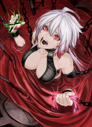 Rule 34 | 10s, 1girl, absurdres, ahoge, bare shoulders, black bustier, black neckwear, blood, blood in hair, blood on hands, blood stain, bloody tears, bondage outfit, breasts, bustier, chain, chained, choker, cleavage, clock, collarbone, crying, crying with eyes open, cuffs, fangs, from above, hair ornament, haishima xv, highres, holding, leather, long hair, low-tied long hair, midriff peek, no gloves, no pupils, open mouth, partially submerged, pink ribbon, rain, red eyes, ribbon, senki zesshou symphogear, shackles, skin tight, solo, sweat, tears, teeth, tongue, unworn hair ornament, upper body, white hair, wrist cuffs, yukine chris