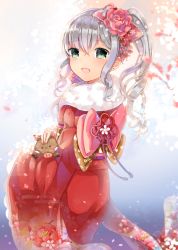 Rule 34 | 1girl, :d, animal, bad id, bad pixiv id, blush, boar, bow, commentary request, egasumi, floral print, flower, fur collar, green eyes, hair bow, hair flower, hair ornament, high ponytail, japanese clothes, kimono, long hair, looking at viewer, looking to the side, nengajou, new year, obi, open mouth, original, print kimono, red bow, red flower, red kimono, red rose, rose, sash, shikino (sikinonono), side ponytail, silver hair, smile, solo