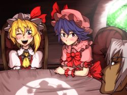 Rule 34 | 00s, 1boy, 3girls, blonde hair, blush, buront, crossover, final fantasy, final fantasy xi, flandre scarlet, hat, maruman, multiple girls, open mouth, pointy ears, puffy short sleeves, puffy sleeves, purple hair, remilia scarlet, shadow, shameimaru aya, short hair, short sleeves, silver hair, the iron of yin and yang, touhou, vampire