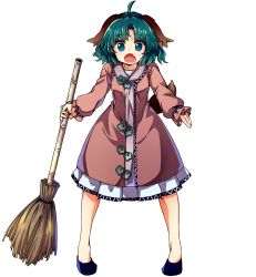Rule 34 | 1girl, absurdres, ahoge, animal ears, antenna hair, baba (baba seimaijo), bamboo broom, blue eyes, broom, dog ears, dress, eyebrows, fang, floppy ears, full body, green hair, highres, kasodani kyouko, long sleeves, open mouth, short hair, solo, straight-on, tail, touhou, transparent background
