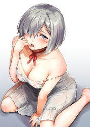 Rule 34 | 10s, 1girl, arm support, bad id, bad nicoseiga id, blue eyes, blush, breasts, collarbone, from above, hair ornament, hair over one eye, hairclip, hamakaze (kancolle), highres, kantai collection, large breasts, licking, licking finger, lingerie, looking at viewer, negligee, saliva, saliva trail, short hair, silver hair, sitting, solo, strap slip, tongue, tongue out, umakuchi shouyu (into-rain), underwear, wariza