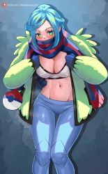 Rule 34 | 1girl, absurdres, aqua eyes, aqua hair, blue mittens, blush, breasts, cleavage, creatures (company), enma (enmanuelart), game freak, genderswap, genderswap (mtf), groin, grusha (pokemon), highres, large breasts, looking at viewer, mittens, navel, nintendo, pokemon, pokemon sv, scarf, scarf over mouth, solo, striped clothes, striped scarf, sweat, two-tone scarf