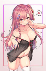 Rule 34 | 1girl, absurdres, babydoll, bangle, bare shoulders, black babydoll, black panties, blush, bow, bracelet, braid, breasts, cenangam, cleavage, collarbone, commentary request, girls&#039; frontline, hair between eyes, hair bow, hair ornament, hair ribbon, hairclip, hand on own face, hand up, hexagram, highres, jewelry, lingerie, long hair, looking at viewer, medium breasts, navel, negev (girls&#039; frontline), one side up, panties, pink hair, red bow, red eyes, ribbon, ribbon-trimmed legwear, ribbon trim, ring, skindentation, smile, solo, star of david, stomach, strap slip, sweatdrop, thighhighs, underwear, white thighhighs