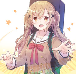 Rule 34 | 1girl, :d, absurdres, bang dream!, blonde hair, blush, breasts, brown serafuku, buttons, collarbone, commentary, crossed bangs, double-breasted, eyebrows hidden by hair, hair between eyes, hair ornament, hanasakigawa school uniform, highres, ichigaya arisa, instrument, instrument case, instrument on back, keyboard (instrument), large breasts, long hair, long sleeves, looking at viewer, nyaa (nnekoron), open hand, open mouth, red ribbon, ribbon, sailor collar, school uniform, serafuku, sidelocks, smile, solo, star (symbol), starry background, teeth, twintails, upper body, upper teeth only, white background, white sailor collar, x hair ornament, yellow eyes