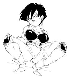 Rule 34 | 1girl, absurdres, black hair, breasts, dragon ball, dragonball z, earrings, funsexydragonball, highres, jewelry, large breasts, seripa, short hair, solo, spread legs, squatting, tagme