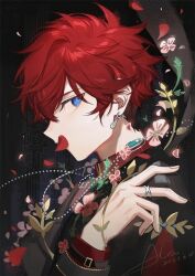 Rule 34 | 1boy, aleo, amagi hiiro, artist name, blue eyes, commentary request, covered mouth, dated, earrings, ensemble stars!, fingernails, flower, jewelry, long sleeves, male focus, petals, red hair, red petals, ring, short hair, sideways glance, solo, upper body