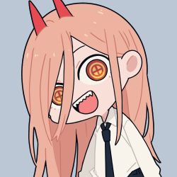 Rule 34 | 1girl, black necktie, chainsaw man, collared shirt, eyebrows, eyelashes, fang, fangs, grey background, hair between eyes, head tilt, highres, horns, kmt624, long hair, long sleeves, looking at viewer, necktie, open mouth, pink hair, power (chainsaw man), red eyes, sharp teeth, shirt, sleeves past elbows, smile, solo, teeth, tongue, unusual pupils, white shirt, yellow eyes