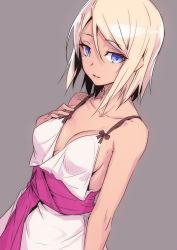 Rule 34 | 1girl, blonde hair, blue eyes, breasts, cleavage, collarbone, copyright request, dress, dutch angle, hair between eyes, hand on own chest, looking at viewer, medium breasts, nilitsu, parted lips, sash, short hair, simple background, solo, swept bangs, tobakushi wa inoranai, white dress