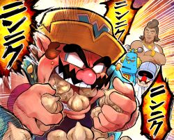 Rule 34 | 4boys, blank eyes, brown hair, cleft chin, crossed arms, dr. crygor, facial hair, food in mouth, garlic, gold necklace, hat, highres, hoshi (star-name2000), jewelry, lab coat, mike (warioware), mr. sparkles, multiple boys, mustache, necklace, nintendo, pointy ears, robot, shirt, wario, warioware, warioware: move it!, white shirt, yellow hat
