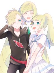Rule 34 | 1boy, 2girls, alternate eye color, aqua eyes, asymmetrical hair, bad id, bad pixiv id, blue ribbon, braid, brother and sister, collarbone, creatures (company), dress, earrings, family, french braid, game freak, gem, gladion (pokemon), hair over one eye, high ponytail, highres, hood, hood down, hoodie, jewelry, lillie (pokemon), long hair, lusamine (pokemon), mother and daughter, mother and son, multiple girls, nintendo, pleated skirt, pokemon, pokemon sm, ribbon, sailor collar, shiratama (xsrtmx), siblings, simple background, skirt, spoilers, torn clothes, white background, white dress, white skirt