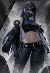 Rule 34 | 1girl, absurdres, bare shoulders, baseball cap, belt, black hair, black hat, black pants, black shirt, blue archive, blue eyes, breasts, coat, colored inner hair, crop top, gun, hat, highres, holding, holding gun, holding weapon, kuca (ku ca18), large breasts, long hair, long sleeves, looking at viewer, mask, midriff, mouth mask, multicolored hair, navel, off shoulder, open clothes, open coat, outdoors, outstretched arm, pants, rain, saori (blue archive), shirt, sidelocks, sleeveless, sleeveless shirt, solo, standing, stomach, taut clothes, taut shirt, very long hair, weapon, white coat