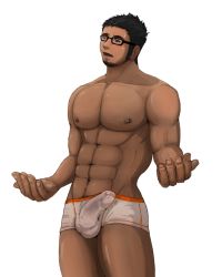 Rule 34 | 1boy, abs, blush, bulge, erection, erection under clothes, glasses, male focus, penis, simple background, solo, underwear, white background