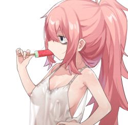 Rule 34 | 1girl, bare hips, breasts, camisole, covered erect nipples, eating, food, food in mouth, from side, fruit, hand on own hip, highres, long hair, muchi maro, original, pink hair, ponytail, popsicle, popsicle in mouth, see-through silhouette, sideboob, sidelocks, simple background, sleeveless, solo, tank top, upper body, watermelon, watermelon bar, white background, white tank top