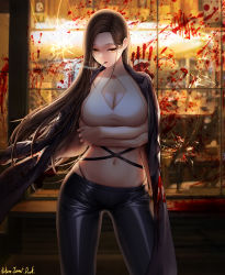 Rule 34 | 1girl, absurdres, arms under breasts, bad id, bad pixiv id, black pants, blood, blood on clothes, blood splatter, bloody handprints, blurry, blurry background, breasts, broken glass, broken window, brown hair, cigarette, cleavage, cleavage cutout, clothing cutout, crack, cracked glass, glass, handprint, high collar, highres, huge filesize, jacket, jacket on shoulders, large breasts, long hair, midriff, multiple straps, navel, original, pants, shirt, signature, sleeveless, sleeveless shirt, smoking, standing, torrentduck, white shirt, window, yellow eyes
