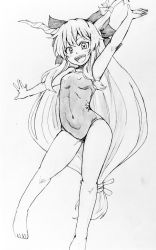 Rule 34 | 1girl, bare legs, barefoot, bow, breasts, commentary request, covered navel, d-m (dii emu), fangs, feet out of frame, full body, greyscale, hair bow, horns, ibuki suika, long hair, looking at viewer, monochrome, one-piece swimsuit, oni horns, open mouth, outstretched arms, small breasts, swimsuit, toes, touhou, traditional media, very long hair