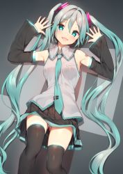 Rule 34 | 1girl, aqua eyes, aqua hair, arms up, detached sleeves, gluteal fold, hatsune miku, headset, long hair, necktie, open mouth, panties, pantyshot, skirt, solo, thighhighs, twintails, underwear, very long hair, vocaloid, yappen