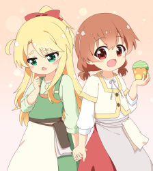 Rule 34 | 2girls, apron, blonde hair, blush, bow, child, commentary request, cupcake, dress, fang, food, gradient background, green dress, green eyes, hair bow, himesaka noa, holding, holding food, holding hands, hoshino hinata, long hair, long sleeves, looking at viewer, looking down, looking to the side, multiple girls, open mouth, pila-pela, red bow, red eyes, red hair, red skirt, shirt, short sleeves, skirt, watashi ni tenshi ga maiorita!, white apron, white shirt