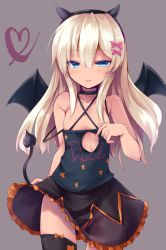 Rule 34 | 1girl, ai takurou, black camisole, black thighhighs, blonde hair, blue eyes, blush, bow, breasts, brown background, camisole, choker, clothes writing, convenient censoring, criss-cross halter, demon horns, demon wings, fake horns, fake tail, grecale (kancolle), hair bow, halloween, halloween costume, halterneck, heart, horns, italian text, kantai collection, long hair, no panties, see-through, simple background, single thighhigh, skirt, small breasts, solo, star (symbol), tail, tan, thighhighs, tongue, tongue out, wings