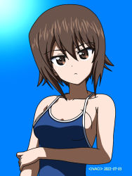 Rule 34 | 1girl, blue one-piece swimsuit, blush, breasts, brown eyes, closed mouth, dated, girls und panzer, highres, looking at viewer, naotosi, nishizumi maho, one-piece swimsuit, small breasts, solo, swimsuit, upper body