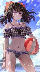 Rule 34 | 1girl, ball, beachball, bikini, blush, bow, bowtie, brown hair, closed mouth, cloud, cloudy sky, collarbone, day, frilled bikini, frills, groin, hair ornament, highres, holding, holding ball, looking at viewer, looking down, melaton, mole, mole under eye, nail polish, navel, outdoors, purple eyes, sky, swimsuit, symonne (tales), tales of (series), tales of zestiria, water, wristband