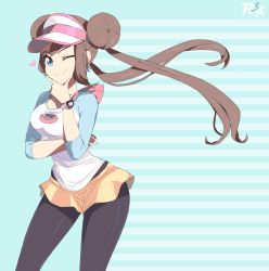 Rule 34 | 1girl, ;), artist name, black pantyhose, blue background, blue eyes, bow, brown hair, contrapposto, cowboy shot, creatures (company), double bun, female focus, game freak, hair bun, hand on own cheek, hand on own face, heart, highres, index finger raised, long hair, nintendo, one eye closed, pantyhose, pantyhose under shorts, pink bow, pokemon, pokemon bw2, pokemon masters ex, r3dfive, raglan sleeves, rosa (pokemon), shirt, short shorts, shorts, smile, striped, striped background, twintails, very long hair, visor cap, watch, wind, wink, wristwatch, yellow shorts
