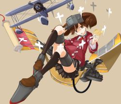 Rule 34 | 10s, 1girl, :o, aircraft, airplane, black legwear, black skirt, brown eyes, brown hair, dress shirt, fire, hand on headwear, highres, kantai collection, long hair, long sleeves, machinery, magatama, open mouth, pleated skirt, ryuujou (kancolle), scroll, shikigami, shirt, simple background, skirt, solo, tamisco, turret, twintails, visor cap