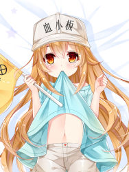 Rule 34 | 10s, 1girl, bakugadou, bed sheet, blue shirt, character name, clothes in mouth, clothes lift, clothes writing, dakimakura (medium), flag, flat cap, grey hat, grey shorts, hands up, hat, hataraku saibou, holding, holding flag, lifted by self, light brown hair, long hair, lying, mouth hold, navel, on back, platelet (hataraku saibou), red eyes, shirt, shirt in mouth, shirt lift, short shorts, shorts, solo, stomach, very long hair