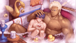 Rule 34 | 2boys, abs, artist request, bara, blonde hair, blush, caius lao bistail, candle, character request, dark-skinned male, dark skin, gyee, hand on another&#039;s head, highres, kyojinzoku no hanayome, large pectorals, male focus, mirror, multiple boys, muscular, muscular male, nipples, official art, pectorals, purple hair, rubber duck, same-sex bathing, shared bathing, short hair, size difference, smile, stomach, water, wet, yaoi