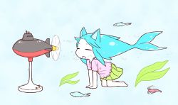 Rule 34 | 1girl, all fours, animal, animal ears, blue background, blue hair, bubble, cat ears, colored skin, diode (0 division), electric fan, closed eyes, fins, fish, frilled shirt, frills, full body, green skirt, heart, heart print, highres, long hair, open mouth, original, pink shirt, pleated skirt, polka dot, polka dot skirt, seaweed, shirt, short sleeves, shrimp, sidelocks, simple background, skirt, solo, themed object, white skin