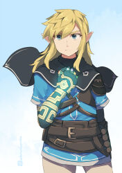 Rule 34 | 1boy, black cape, black gloves, blonde hair, blue background, blue eyes, blue shirt, brown pants, cape, closed mouth, cowboy shot, elbow gloves, gloves, glowing, gradient background, grey background, hair between eyes, hand up, jewelry, kuromiya, link, long hair, male focus, nintendo, one-hour drawing challenge, pants, pointy ears, ring, shirt, short sleeves, solo, standing, the legend of zelda, thick eyebrows, twitter username, v-shaped eyebrows