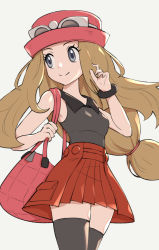 Rule 34 | 1girl, black thighhighs, bracelet, closed mouth, commentary request, creatures (company), eyelashes, floating hair, game freak, gonzarez, grey eyes, hair tie, hat, highres, jewelry, light brown hair, long hair, looking to the side, nintendo, pink bag, pink hat, pleated skirt, pokemon, pokemon xy, red skirt, serena (pokemon), shirt, skirt, sleeveless, sleeveless shirt, smile, solo, thighhighs
