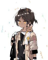 Rule 34 | 1boy, animal, animal on shoulder, arknights, bag, black hair, black shirt, bright pupils, brown coat, coat, commentary, confetti, dark-skinned male, dark skin, earclip, gloves, highres, hishoti cheese, holding, holding bag, jewelry, male focus, necklace, rabbit, shirt, short hair, simple background, solo, symbol-only commentary, thorns (arknights), undershirt, upper body, white background, white gloves, white pupils, white shirt, yellow eyes