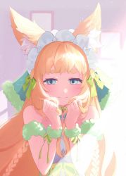 Rule 34 | 1girl, absurdres, animal ear fluff, animal ears, bare shoulders, blonde hair, blue dress, blue eyes, blush, bow, braid, character request, chiffon (maimai), closed mouth, commentary request, dress, food-themed hair ornament, fox ears, fur trim, green bow, green eyes, hair bow, hair ornament, hands up, headdress, highres, holding, holding hair, hukahito, lemon hair ornament, long hair, looking at viewer, maimai (game), neck ribbon, ribbon, smile, solo, sunlight, thick eyebrows, twin braids, upper body, wrist cuffs