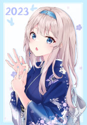 Rule 34 | 1girl, 2023, absurdres, blue eyes, blush, chestnut mouth, chinese zodiac, cross, cross earrings, earrings, grey hair, hairband, highres, japanese clothes, jewelry, kimono, long hair, nail polish, new year, obi, open mouth, original, sash, single earring, solo, tiara (871220), upper body, v, year of the rabbit