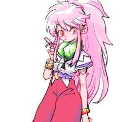 Rule 34 | 1girl, arche klein, bracelet, closed mouth, elbow gloves, gloves, highres, jewelry, long hair, looking at viewer, pants, pink eyes, pink hair, pink pants, ponytail, simple background, solo, tales of (series), tales of phantasia, umix0207, white background, wide ponytail