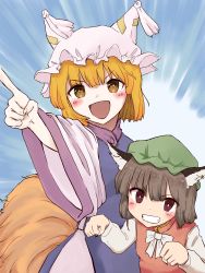 Rule 34 | 2girls, :d, animal ears, animal hat, black nails, blonde hair, blue background, blue tabard, blunt bangs, blush, bow, bowtie, bright pupils, brown hair, chen, chisato toho, commentary request, emphasis lines, fox ears, fox tail, grin, hat, highres, long sleeves, mob cap, multiple girls, multiple tails, nail polish, open mouth, paw pose, pointing, purple eyes, red vest, short hair, simple background, sleeves past elbows, smile, tabard, tail, touhou, upper body, v-shaped eyebrows, vest, white bow, white bowtie, white pupils, wide sleeves, yakumo ran, yellow eyes