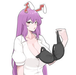 Rule 34 | animal ears, black bra, blush, bra, breasts, buttons, cleavage, collared shirt, hair between eyes, highres, holding, holding bra, holding clothes, holding underwear, large breasts, long hair, looking at viewer, mata (matasoup), open mouth, puffy sleeves, purple hair, rabbit ears, rabbit girl, red eyes, reisen udongein inaba, removing bra, removing bra under shirt, shirt, thick eyebrows, touhou, underwear, very long hair, white background, white shirt