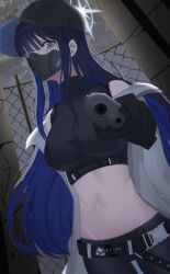 Rule 34 | 1girl, absurdres, baseball cap, belt, black belt, black gloves, black hat, black pants, black shirt, blue archive, blue eyes, blue hair, breasts, cloud, cloudy sky, commentary request, crop top, gloves, gun, handgun, hat, highres, holding, holding gun, holding weapon, large breasts, leggings, long hair, looking at viewer, mask, midriff, mouth mask, navel, outdoors, pants, rega, saori (blue archive), shirt, sky, sleeveless, sleeveless shirt, solo, stomach, very long hair, weapon
