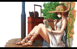 Rule 34 | 1girl, against wall, animal, ankle lace-up, bare legs, beads, black cat, border, bracelet, brick wall, brown eyes, brown hair, cat, cross-laced footwear, dress, earrings, flask (pandora), flower, from side, full body, halterneck, hat, hat flower, highres, holding, holding pen, ivy, jewelry, knees up, letterboxed, luggage, map, no socks, on ground, original, outdoors, parted lips, pavement, pen, pencil, pencil to face, plant, reading, rolling suitcase, sandals, simple background, sitting, sleeveless, sleeveless dress, solo, straw hat, suitcase, sun hat, sundress, sunflower, trolley, watch, white dress, wristwatch