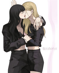 Rule 34 | 2girls, arm around shoulder, black hair, blackpink, blonde hair, closed eyes, commentary request, french kiss, highres, jewelry, k-pop, kiss, lisa (blackpink), midriff, mole, mole under eye, morethanicansa5, multiple girls, navel, real life, ring, rose (blackpink), tongue, tongue out, twitter username, yuri