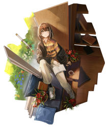 Rule 34 | 1girl, absurdres, arknights, book, bookshelf, brown eyes, brown hair, casual, coffee, couch, flower pot, from above, highres, magallan (arknights), open book, pants, shoes, smile, sneakers, window, xiaomai yorik