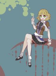 Rule 34 | 1girl, bad id, bad pixiv id, blonde hair, female focus, full body, green eyes, legs, crossed legs, mary janes, mizuhashi parsee, open mouth, pointy ears, scarf, shoes, short hair, sitting, solo, touhou, yuura