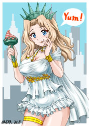 Rule 34 | 1girl, ancient greek clothes, arm up, blonde hair, blue eyes, breasts, cleavage, collarbone, cosplay, cowboy shot, crown, dress, english text, food, frilled dress, frills, girls und panzer, greco-roman clothes, green headwear, hair intakes, highres, holding, holding food, kay (girls und panzer), large breasts, looking at viewer, medium breasts, nspa (spa-jcs), outside border, smile, solo, speech bubble, statue of liberty, thigh strap, thighs, tongue, tongue out, twitter username, united states, wavy hair, white dress