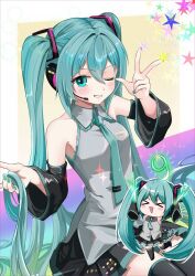 Rule 34 | &gt; &lt;, 1girl, 39, armpit crease, black skirt, black thighhighs, blue eyes, blue hair, blue nails, blue necktie, chibi, chibi inset, closed eyes, commentary, detached sleeves, food, green eyes, grey shirt, hair between eyes, hair ornament, hatsune miku, headset, highres, holding, holding food, holding spring onion, holding vegetable, long hair, long sleeves, looking at viewer, microphone, miku day, necktie, omo omochi zzz, one eye closed, open mouth, pleated skirt, shirt, sidelocks, sitting, skirt, smile, spring onion, standing, standing on one leg, teeth, thighhighs, twintails, v, vegetable, vocaloid