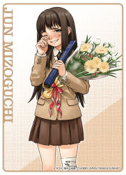 Rule 34 | blazer, bouquet, brown eyes, brown hair, brown skirt, diploma, flower, framed, grin, hand on own face, highres, holding, jacket, long hair, long sleeves, looking at viewer, pleated skirt, skirt, smile, solo, tanaka kunihiko, tears, wince, wiping tears