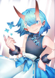 Rule 34 | 1girl, absurdres, apron, bad id, bad pixiv id, blue eyes, blue hair, blue nails, blue skirt, cowboy shot, cuffs, earrings, fang, fingernails, flat chest, hand on own hip, hand up, highres, horns, jewelry, looking at viewer, nail polish, oni horns, original, parted lips, pointy ears, shackles, shichigatsu, skirt, slit pupils, smile, solo, tamaki (shichigatsu), waist apron, white apron