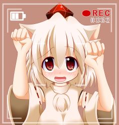 Rule 34 | 1girl, :d, absurdres, animal ears, bad id, bad pixiv id, bare shoulders, blush, border, breasts, brown background, detached sleeves, hat, highres, inubashiri momiji, long sleeves, looking at viewer, open mouth, paw pose, pom pom (clothes), recording, red eyes, sawada (yoshiki), short hair, silver hair, simple background, smile, solo, tokin hat, touhou, upper body, white border, wolf ears, yoshiki (bom7728)