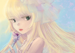 Rule 34 | 1girl, bare shoulders, blonde hair, candy, colored eyelashes, face, food, gosick, green eyes, hair ornament, hime cut, lips, lollipop, pale color, sixc, solo, sweets, tongue, victorica de blois