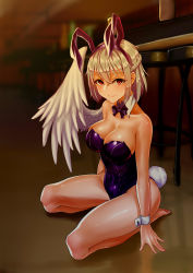 Rule 34 | 1girl, absurdres, alternate costume, animal ears, bare arms, bare legs, bare shoulders, barefoot, blurry, blurry background, blush, bow, bowtie, braid, breasts, c.rabbit, chair, cleavage, collarbone, commentary, covered navel, detached collar, fake animal ears, fake tail, feathered wings, french braid, hair between eyes, hairband, highres, indoors, kishin sagume, large breasts, leotard, lips, looking at viewer, playboy bunny, purple bow, purple bowtie, purple hairband, rabbit ears, rabbit tail, red eyes, reflection, seiza, shiny clothes, shiny skin, short hair, silver hair, single wing, sitting, smile, solo, tail, touhou, white wings, wing collar, wings